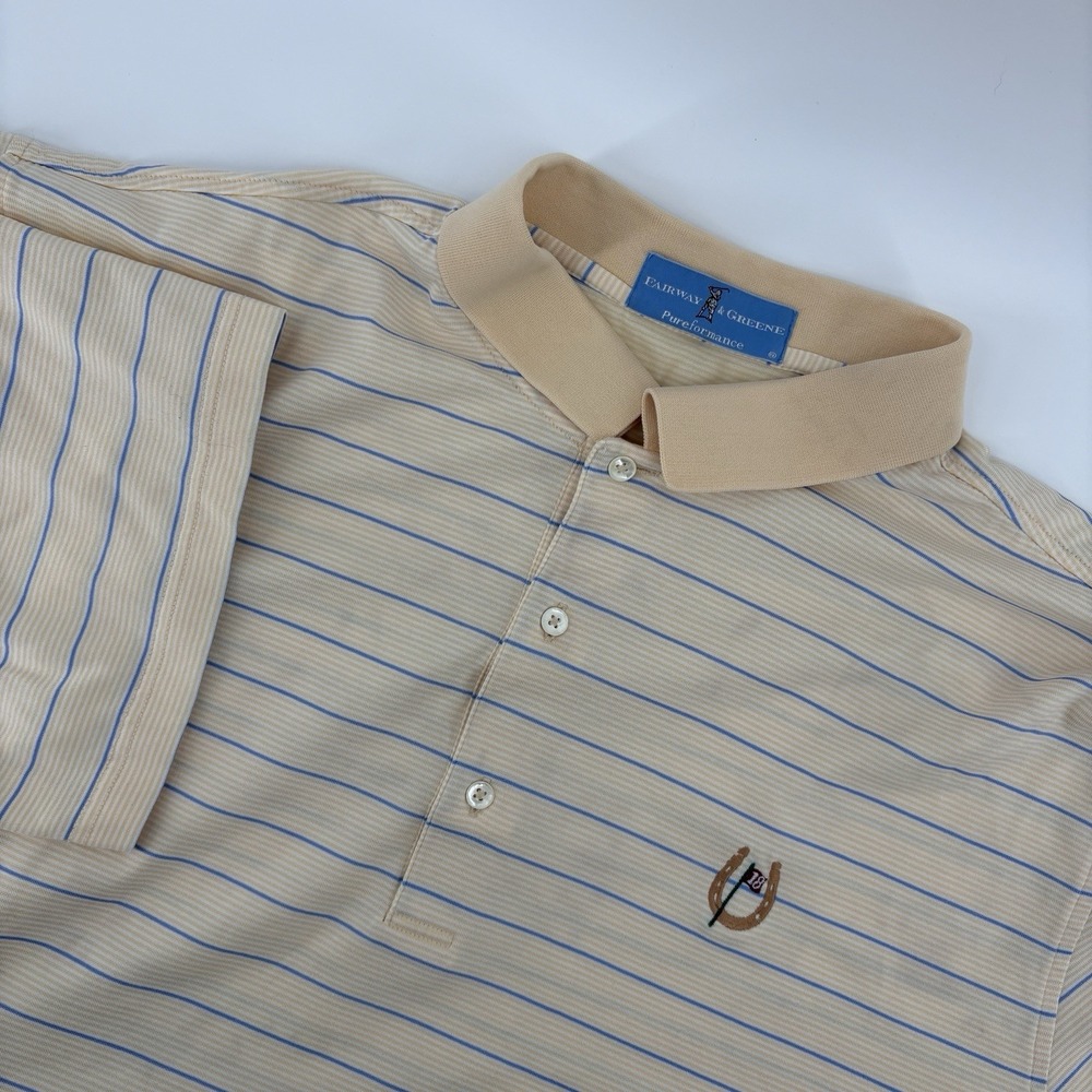 Fairway & Greene Polo Golf Shirt Men's XL Yellow Striped Golden Horseshoe Golf